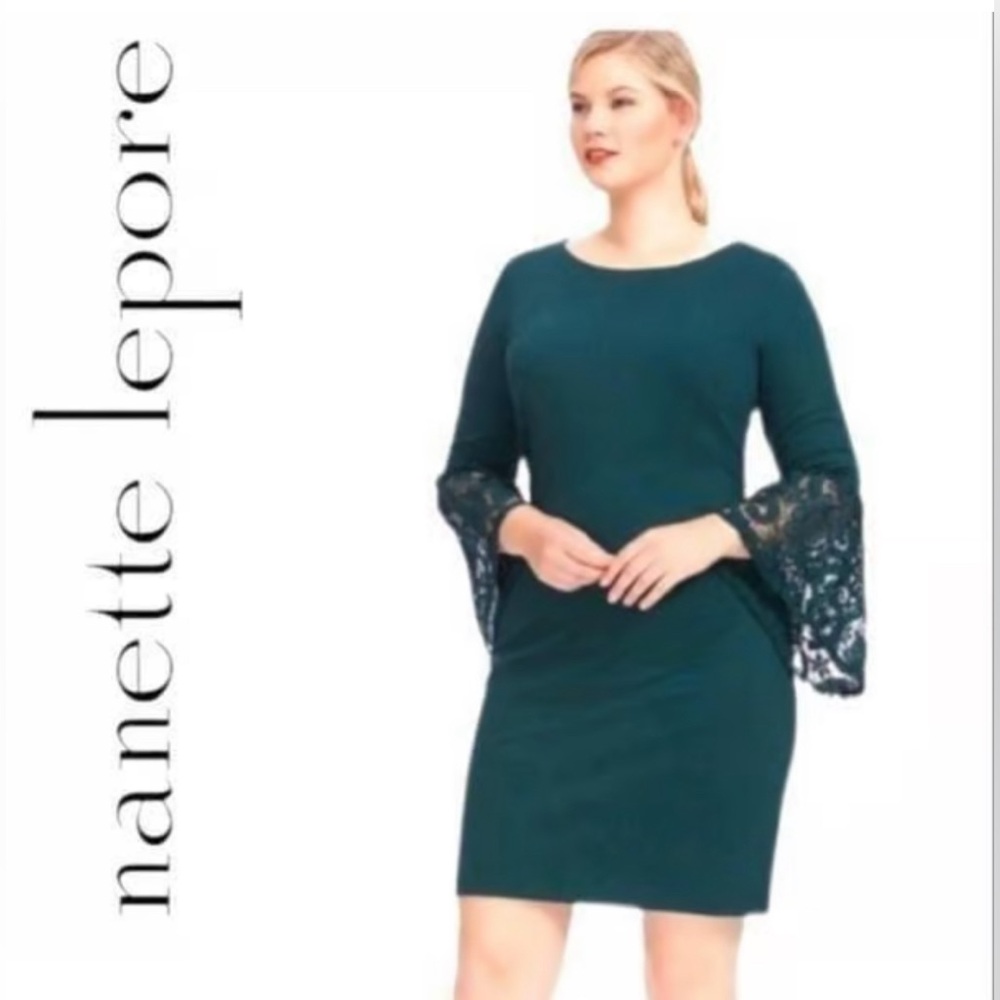 Nanette Lepore Evergreen Lace Bell Sleeve, Shift Mini Dress.